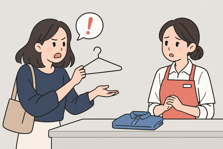 세탁소에서 손님이 세탁물이 빠졌다고 항의하는 그림