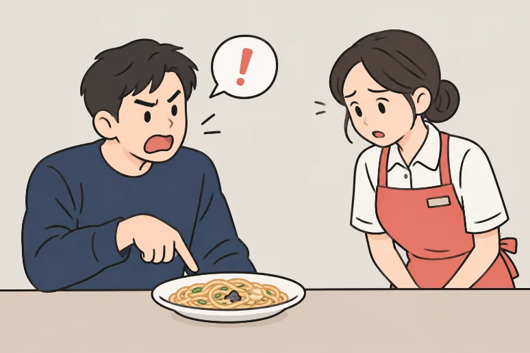 음식점에서 손님이 음식에 이물질이 있다고 항의하는 그림